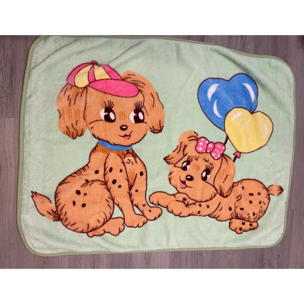 Vintage Mink Baby Blanket Puppy‎ Mint Green Plush 38X55 RARE
